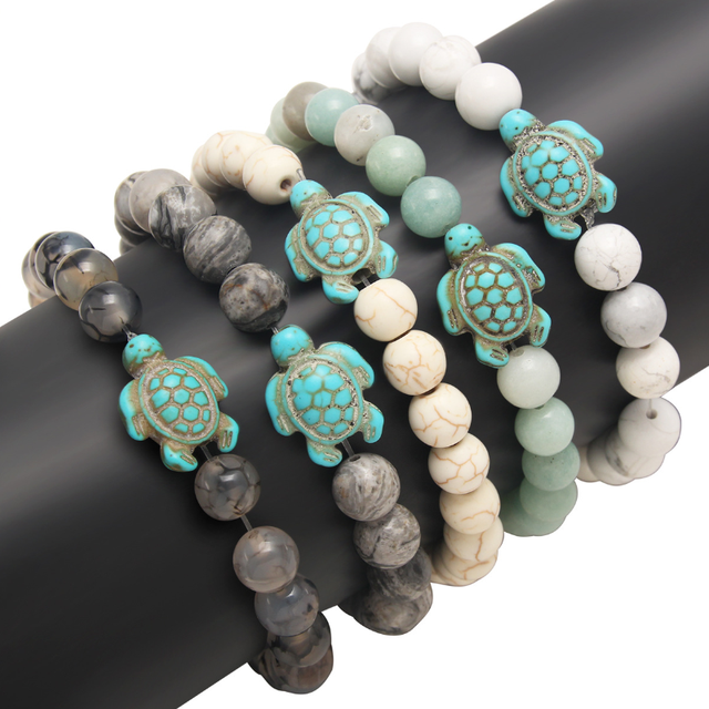 Wholesale Bulk Men Women Natural Stone Turtle Bracelet Fashion Jewelry Turquoise Volcanic Stone Tiger Eye Stone Elastic Bracelet