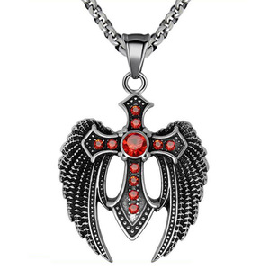 Pendentif ailes d'ange sombres en acier inoxydable, collier à thème incrusté de zircon rouge, bijoux cadeau - Product Image 5