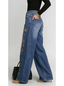 Jeans Denim da <span class=keywords><strong>Donna</strong></span> a Vita Alta e Gamba Larga Personalizzabili <span class=keywords><strong>con</strong></span> Design Classico e Occhielli <span class=keywords><strong>Laterali</strong></span> Dorati - Product Image 4