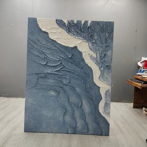 Peinture murale 3D grand format bleue texturée effet mer, en plâtre et techniques mixtes sur toile, pour hall d'hôtel et décoration murale intérieure, vente en gros - Product Image 4