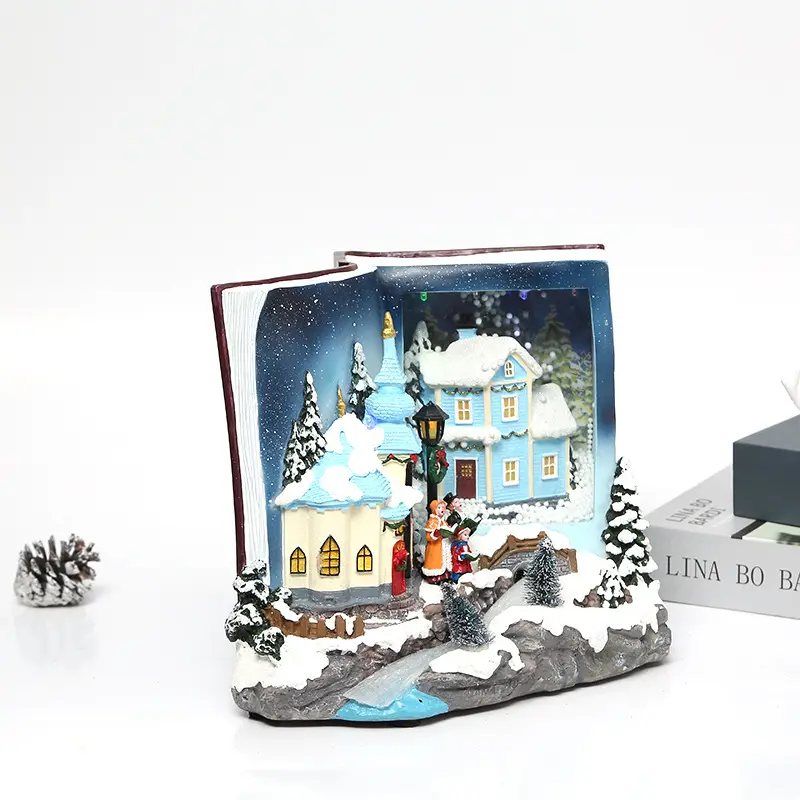 स्पॉट रेज़िन आभूषण उपहार कॉटेज सजावट क्रिसमस निर्माता संगीत स्वचालित बर्फ के साथ रोशनी के साथ सीधी बिक्री करते हैं