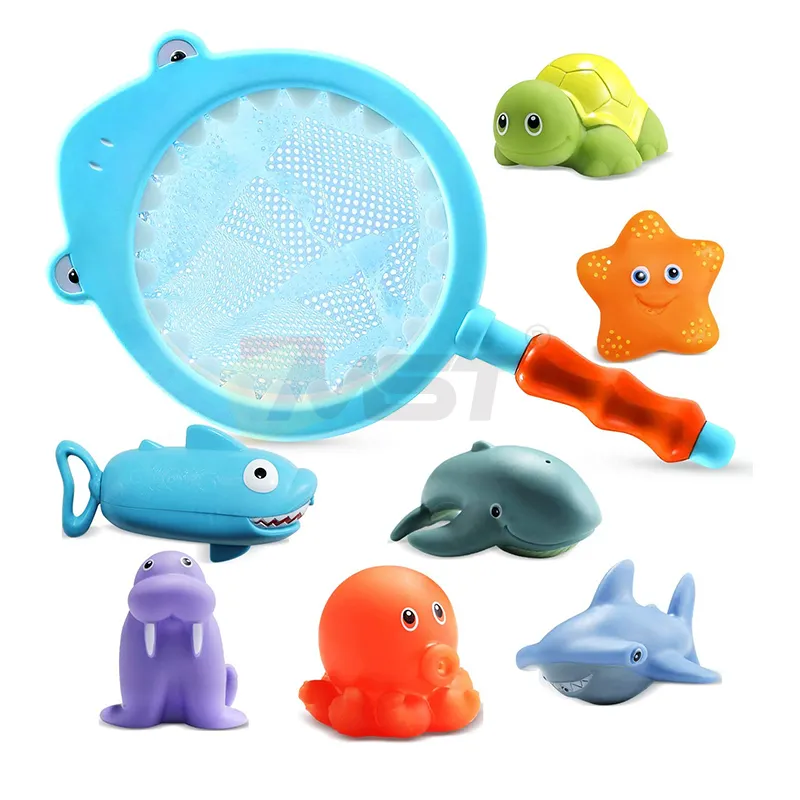 8PCS Baby Bathroom Fishing Game Water Pump Warm Water Discoloration Bath Shark Animal Toys with Fishing Net