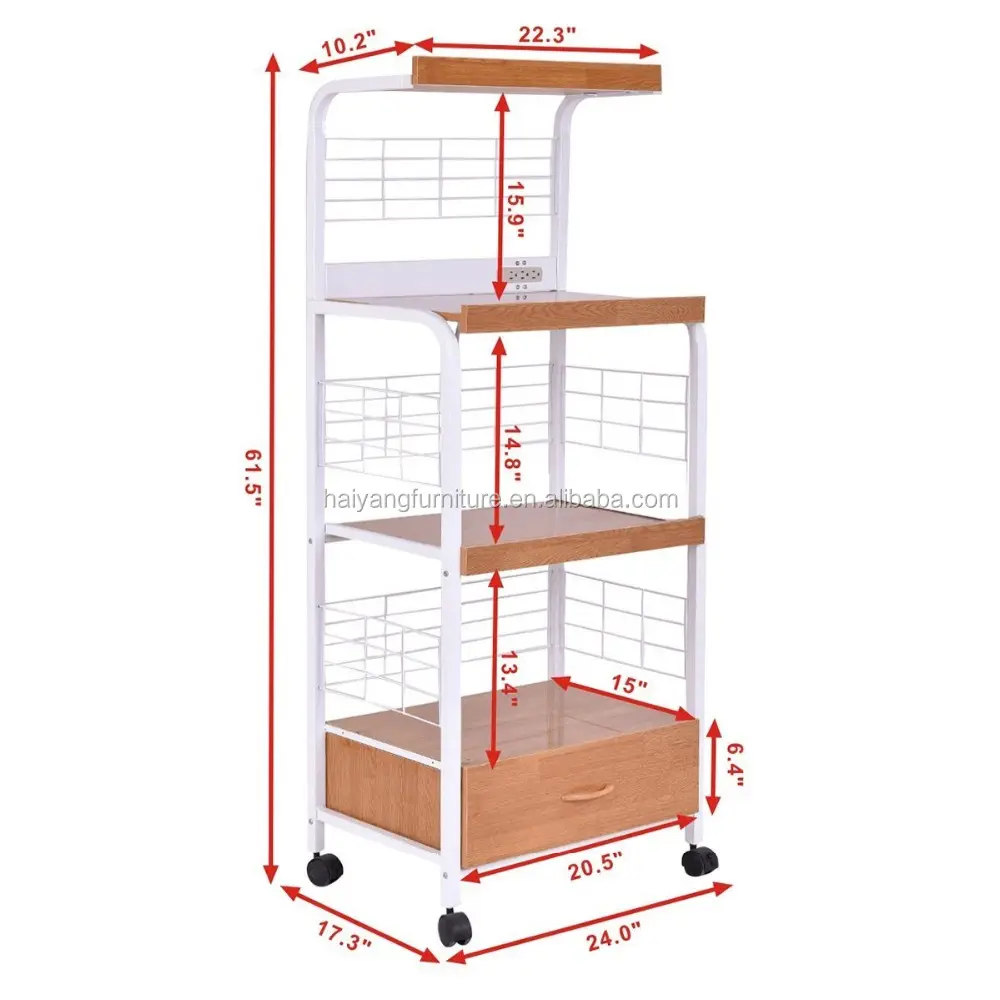 Carrinho de armazenamento de madeira, suporte para cozinha, micro-ondas, quadro metálico