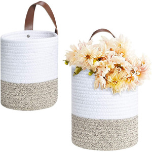 Cotton rope hanging <b>basket</b>, wall <b>basket</b>, small <b>basket</b> with leather handle, <b>storage</b> bucket, cotton rope handle <b>storage</b> rack, - Product Image 1