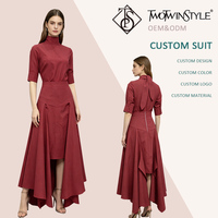 Ensemble élégant jupe longue irrégulière bordeaux et haut à col montant à manches courtes, cintré à la taille, pour femme, idéal pour les soirées, deux pièces, vente en gros