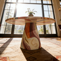 Table à manger ronde de luxe, motif tourbillon coloré moderne, plateau en marbre artistique, base conique, mobilier de restaurant