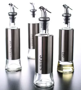 Wholesale 175ml 300ml 500ml Glass Olive Kitchen Sauce Cooking Oil Round Dispenser Bottles With Stainless Steel Coating