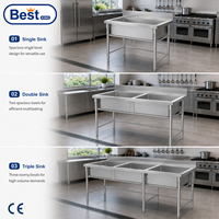 Évier de cuisine commercial en acier inoxydable à cuve simple, double ou 3 compartiments, sur pied