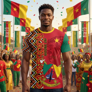 T-shirt de la Fête Nationale <span class=keywords><strong>du</strong></span> Cameroun, motif armoiries <span class=keywords><strong>du</strong></span> Cameroun, motif Ankara, pour voyage et travail, texte personnalisé, en polyester, sublimation - Product Image 1