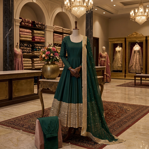 Ensemble Anarkali brodé vert avec dupatta, longueur au sol, traditionnel indien pakistanais pour femmes - Product Image 1