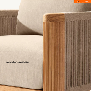 Fauteuil de salon moderne en teck de qualité supérieure, dossier en forme de baril, détails tressés en corde, résistant aux intempéries, ensemble d'extérieur pour cour - Product Image 5