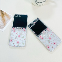 Coque de téléphone délicate à imprimé floral de fleurs de cerisier rose pastel pour Samsung Galaxy Z Flip 7-3 avec sangle en perles de cristal et protection intégrale
