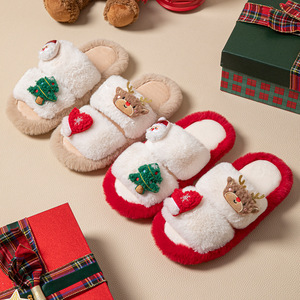Chaussons d'hiver créatifs en coton à double bande et motif de dessin animé de Noël, en peluche contrastante, chauds pour la maison, pour hommes et femmes - Product Image 4