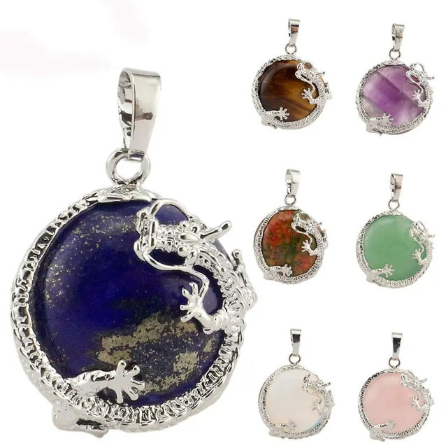 New Creativity Natural Stone Crystal Dragon Pendant Necklace Gemstone Jewelry Amethyst tiger Eye Animal Pendant for Women Men