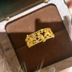 Chinese Style Magpie Plum Blossom Ring Gold Unisex Jewelry Gift Animal Design Pave Setting - Product Image 1