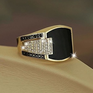 Bague géométrique pour homme, or et argent, sertie de pavés, incrustation noire, style hip-hop, cadeau de bijoux - Product Image 3