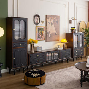 Aparador retro francés de madera maciza con puertas de vidrio de 900 mm+ y gabinete de almacenamiento para sala de estar o comedor - Product Image 1