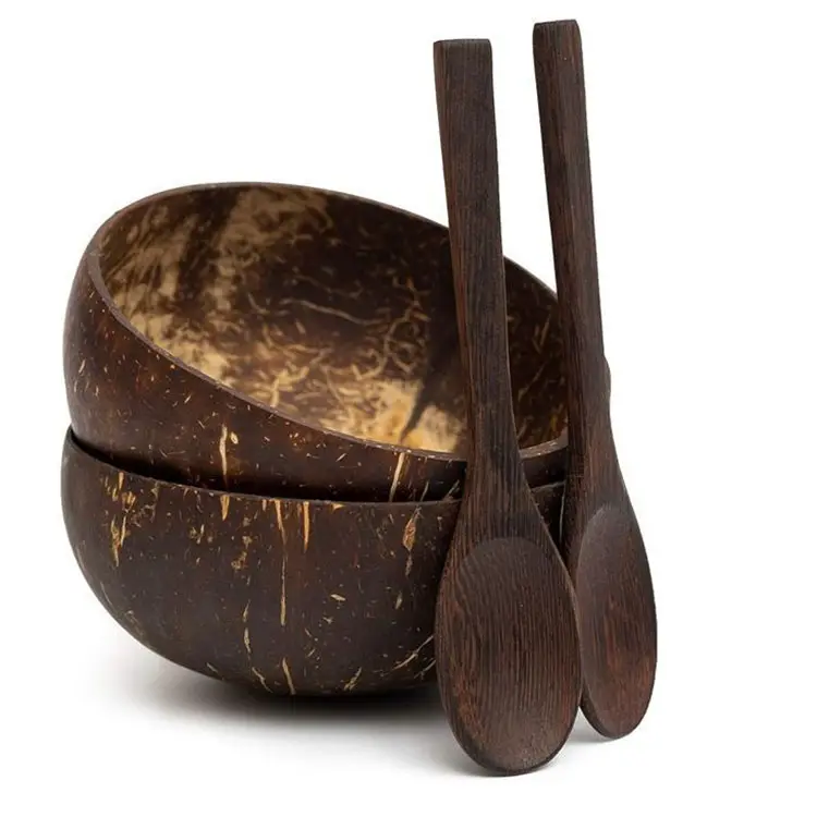 Set mangkuk dan sendok kayu kelapa smoothie kulit kelapa Vegan organik