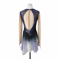Robe de patinage et de danse dégradé bleu marine, violet et blanc, avec manches longues en maille nude et découpes ornées de strass, pour enfants et adultes, pour la compétition et la performance