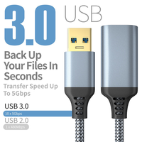 Kabel Ekstensi USB 3.0 Pria ke Wanita, Kabel Ekstensi Jalinan Nilon, Kompatibel dengan Webcam/Kamera/Ponsel/Hub/Mouse