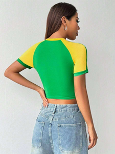 T-shirt da <span class=keywords><strong>donna</strong></span> in cotone Y2K di alta qualità con colori a contrasto grafica con bandiera brasiliana ricamata aderente manica Raglan - Product Image 4