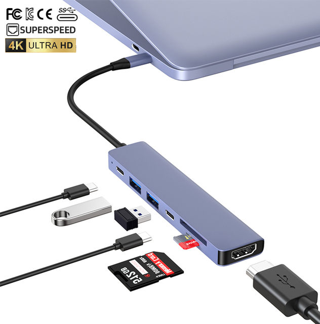 Ultra High Speed 7 in 1 hdmi Hub Multiport Adapter 4K HDMI SD/TF Reader 2PD Fast Charge 2USB3.0 Ports Durable 4K HDMI HUB
