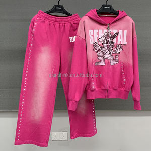 Ensemble Pantalon de survêtement personnalisé à jambe droite et sweat à capuche zippé avec strass Survêtements Survêtement surdimensionné en coton délavé à l'acide pour hommes - Product Image 1