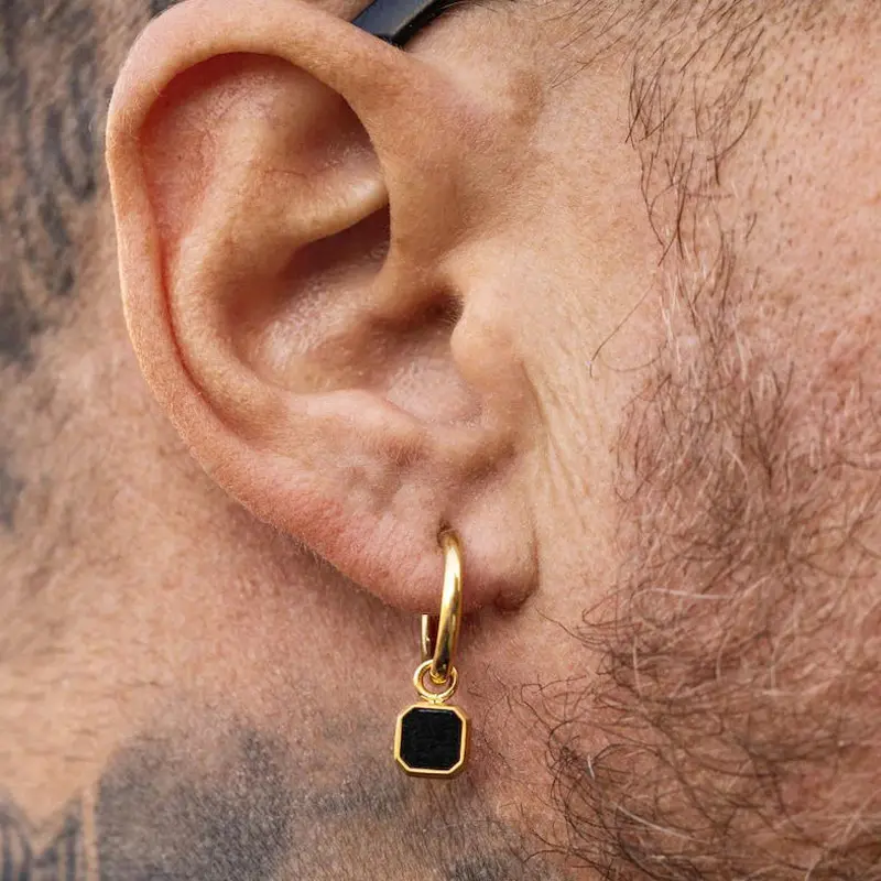 पुरुषों के कान की बाली 18k सोने काले गोमेद रत्न लटकना कान की बाली गोल्ड हुप्स पुरुषों कान की बाली आभूषण