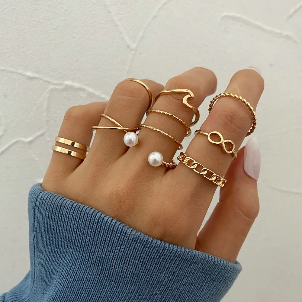 Wholesale Punk Simple Cross Flower Finger Rings Girls Pearl Star Twist Geometric Ring Set For Women