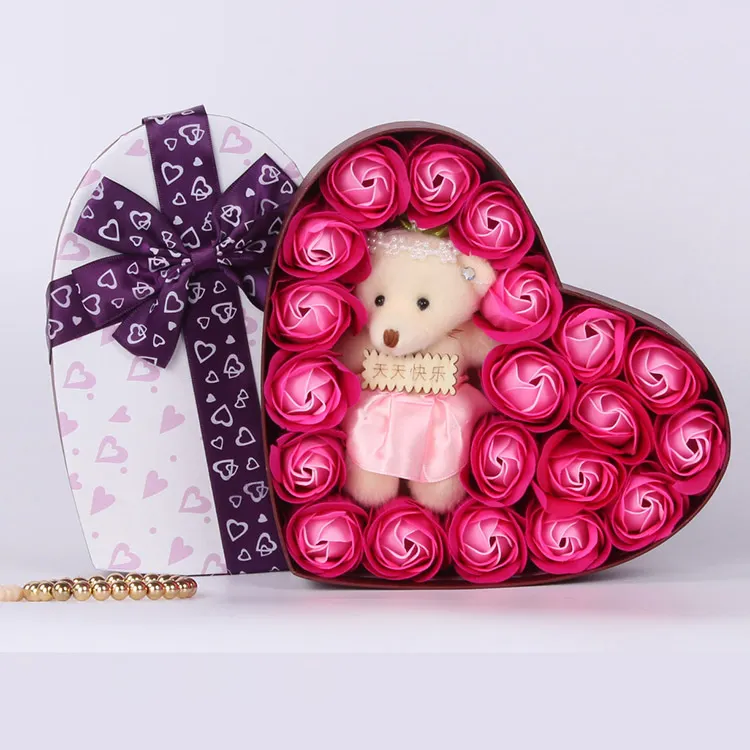 2020 New Arrived Customized Logo Valentines Day Gift For Her Bear Soap Flower Gift Box