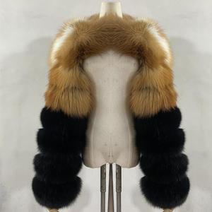 BEIZIRU Manteau en fourrure véritable pour femme, <span class=keywords><strong>renard</strong></span> <span class=keywords><strong>argenté</strong></span> et <span class=keywords><strong>renard</strong></span> roux, deux manches, longueur 60 cm, style nude - Product Image 3