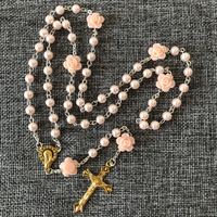 6mm rose Verre Perle Chapelet Perle Rose Fleur Connecteurs Avec Vierge Dorée Marie Centre et Jésus Croix