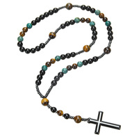 Collier Croix Religieuse pour Homme Très Demandé, Perles en Œil de Tigre Jaune et Gallstones Noirs Naturels, Style Hip Hop