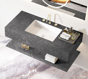 Conjunto de armario de baño de lavabo articulado sin costuras de losa de <span class=keywords><strong>roca</strong></span> estilo hotel moderno acabado de tablero de piedra compuesta LED cobre personalizable - Product Image 2
