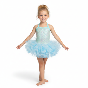 Costume de ballet aquatique scintillant pour filles, robe de tutu de ballet bleu clair pour enfants, tulle superposé avec corsage à paillettes, tenue de danse de scène - Product Image 1