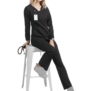 Women Scrub Set Long Sleeve V Neck Elastic Lightweight Moisture Wicking Hospital Uniform Split Set For Medical Dental Work - Product Image 3