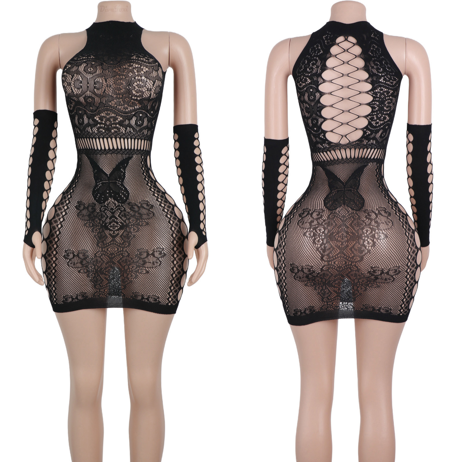 Exotic Dancewear Twerk Backless Dress with Sheer Net Cutout Exotic Dancewear Twerk Backless Dress with Sheer Net Cutout