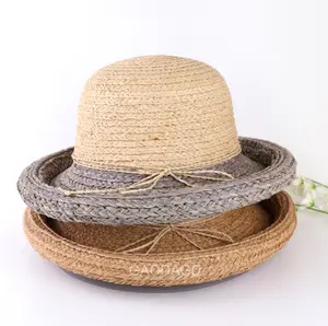 C ליידי חג חוף קש כובע שמש שוליים כובע רול אפ לנשים