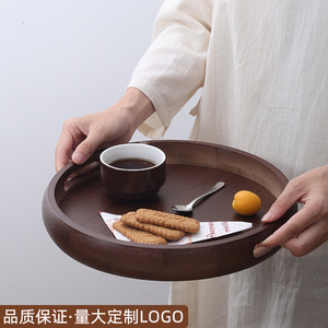 Walnut Color Bamboo Round <b>Tray</b> For Tea Coffee <b>Snacks</b> Hotel Catering Custom Logo - Product Image 1