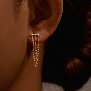 Single 925 Sterling Silver 18K Gold Plated Long Chain Tassel Cartilage Flat Back <b>Helix</b> <b>Stud</b> Earrings - Product Image 4