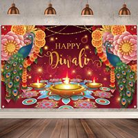 Fond de photographie personnalisable avec motif Paon, Diya et Rangoli, pour Diwali, lumières de festival indien et bannière de fête