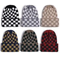 Nouveau bonnet en tricot à carreaux avec broderie de logo personnalisé et patch en cuir, coupe ample et chaude, effet amincissant pour le visage, idéal pour l'automne et l'hiver