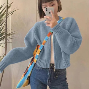 Gray Loose Zipper Sweater <b>Cardigan</b> Women's Long Sleeve <b>Knitted</b> Top One Size Solid Color Autumn Winter Wear - Product Image 4