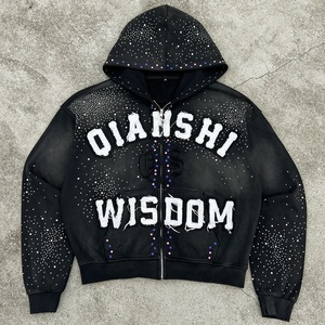 Premium French Terry Acid Wash Zip Hoodie Cotton Applique Embroidery Cropped Hoodies Custom Rhinestone Zip up Unisex Hoodie - Product Image 2