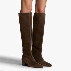 Sofisticati Stivali Alti al Ginocchio a Punta in Morbida Pelle PU Marrone Scamosciata con Tacco Basso a Blocco per Donna - Ingrosso OEM ODM - Product Image 5