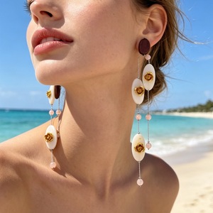 Oval Shell Rose Carved Long Tassel <b>Earrings</b> Pink <b>Crystal</b> Elegant Women Drop Ear Jewelry - Product Image 1