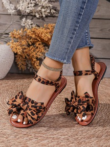 Summer Women Leopard Print Flat Sandals Sweet Big <b>Bow</b> Design Elastic Ankle Strap Casual Beach Sandals - Product Image 5