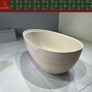 Bañera Ovalada Independiente GOLDKING Minimalista para Apartamento Urbano, en Travertino Beige, con Franjas Horizontales, Borde Liso OEM, Personalizable - Product Image 4