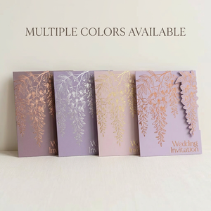 Cartes d'invitation <span class=keywords><strong>de</strong></span> mariage personnalisées découpées sur mesure, motif glycine, violet poudré, feuille d'or rose, suite florale, vente en gros OEM - Product Image 3