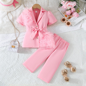 Conjunto de Ropa de Verano para Niñas de 7 Años, Color Rojo Rosa, <span class=keywords><strong>Gasa</strong></span> de Algodón, Transpirable, Manga Corta, Pantalones Anchos - Product Image 1